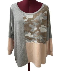 Live Well Lounge Womens Gray and Peach Camo Colorblock Dolman Sweatshirt Size XL